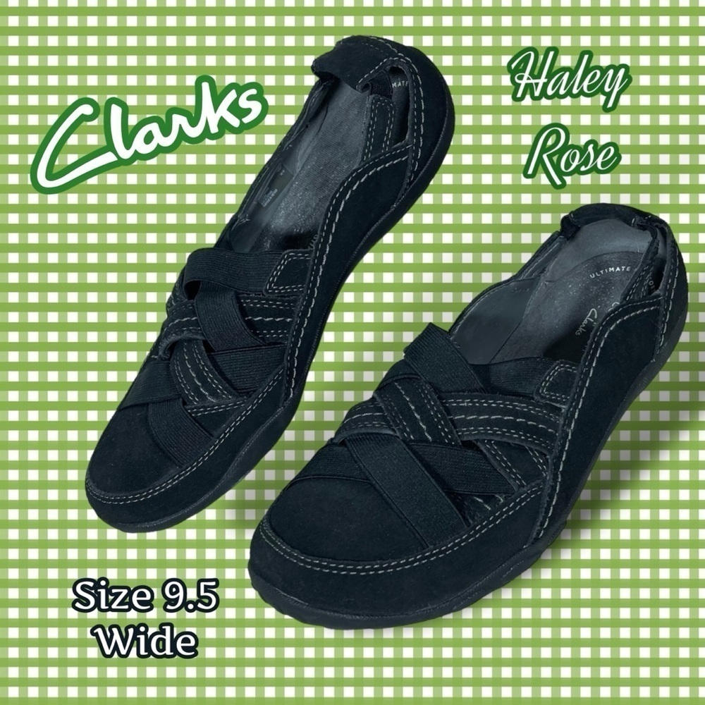 Clarks Haley Rose Womens Black Suede Criss Cross Loafer Flat Shoes Size 9.5 Wide